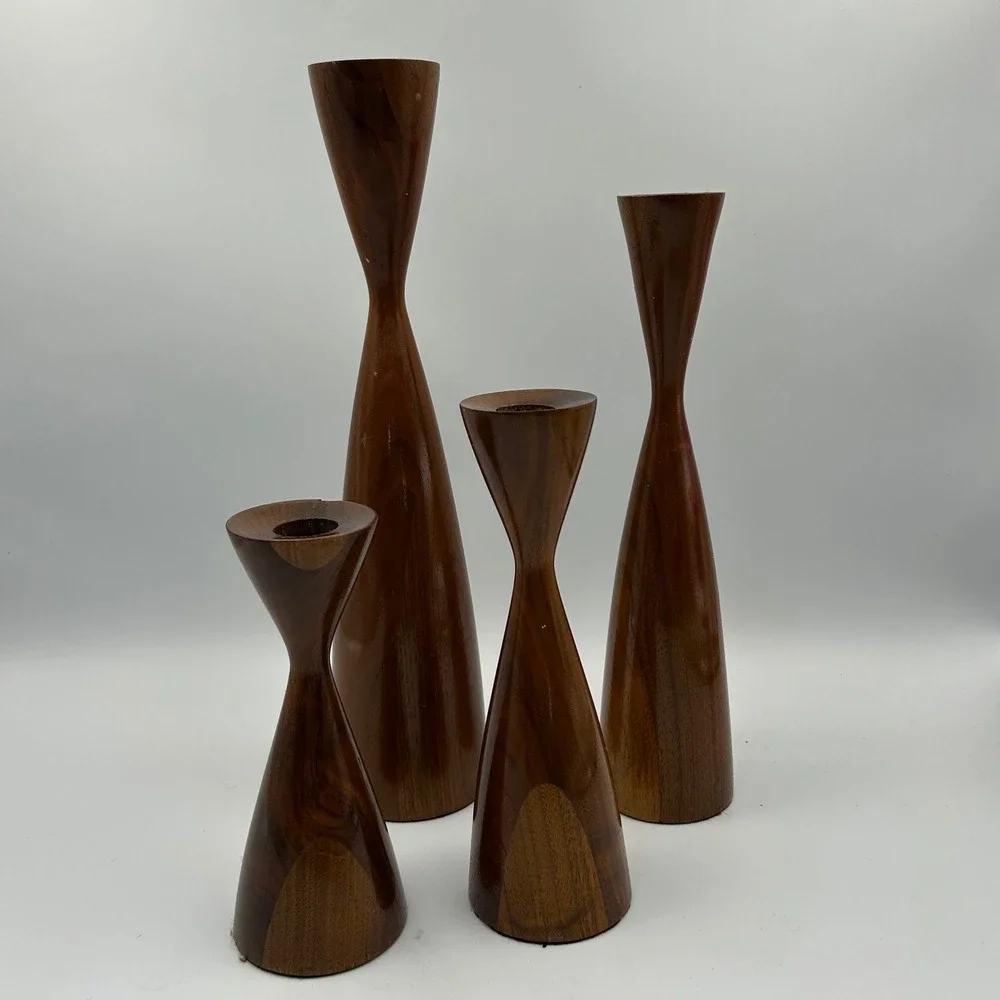 Vintage MCM Rude Osolnik Walnut Hourglass Candlesticks Graduated Set of 4 Modern
